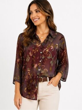 TESS 100% Silk Blouse L Burgundy Floral Sheer Button Front Top Boho
